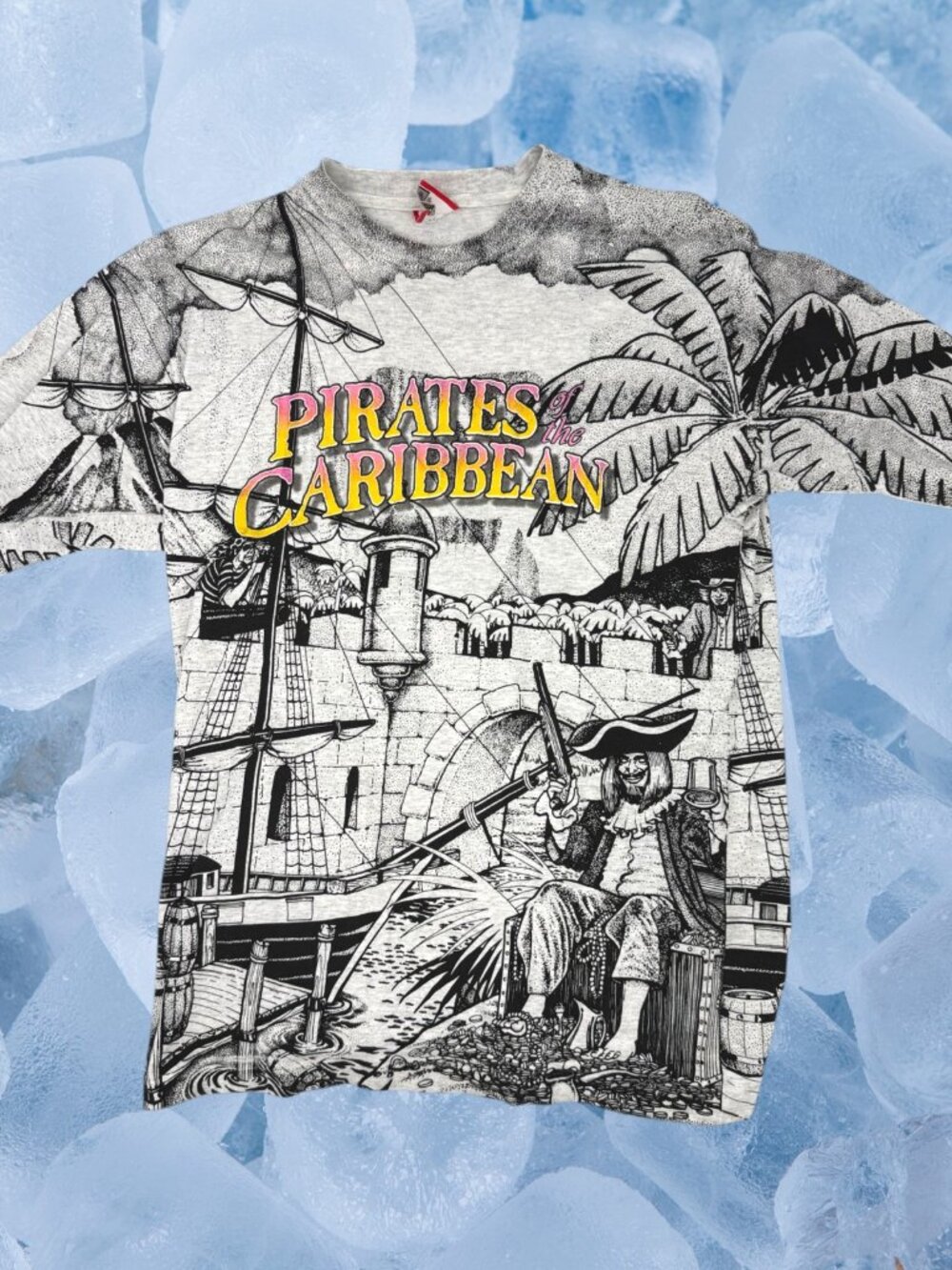 Vintage Disney Pirates Of The Caribbean AOP Graphic Tee Shirt OSFA Large